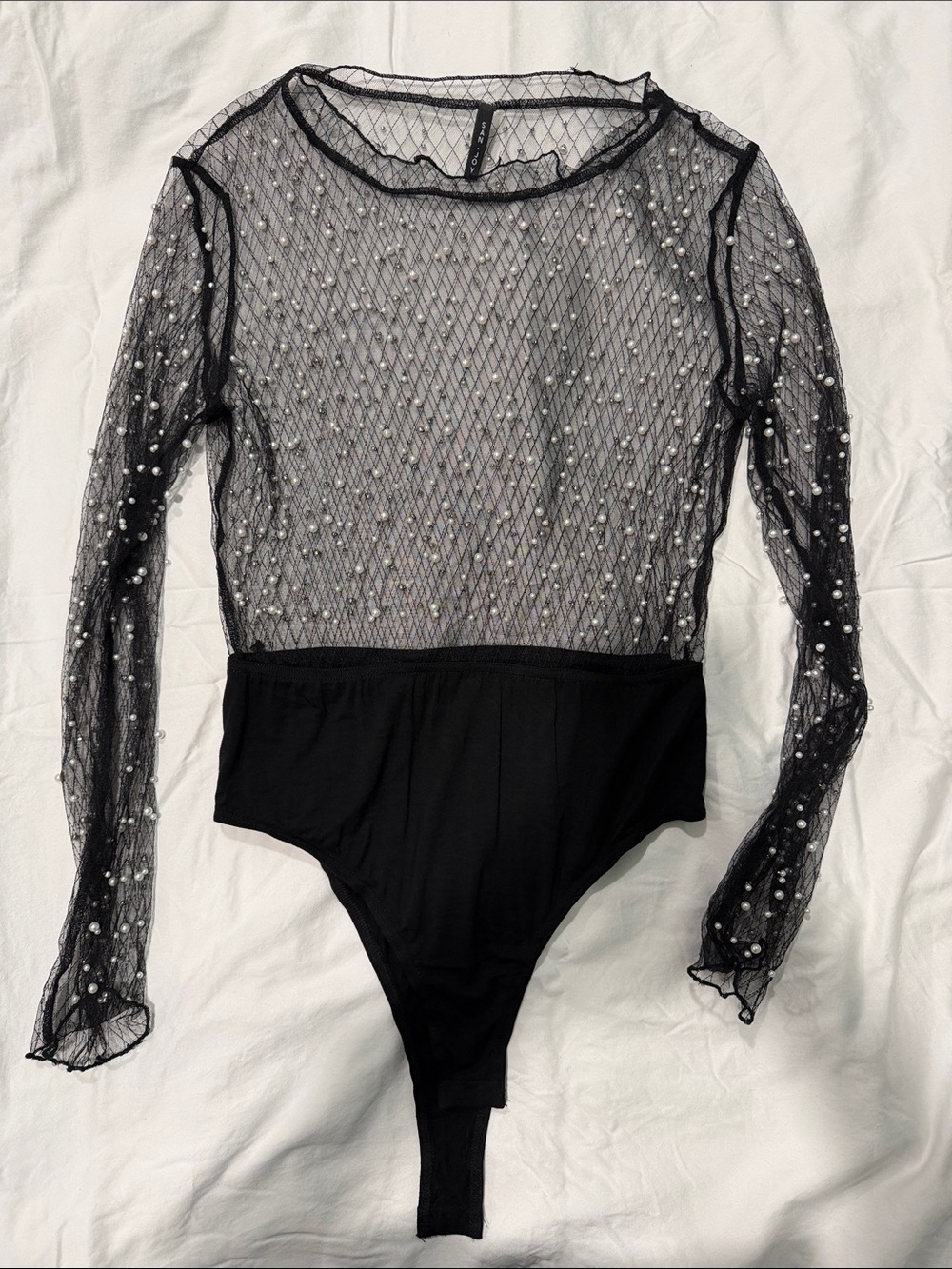 San Joy Black Sheer Mesh Pearl-Embellished Long-Sleeve Bodysuit
